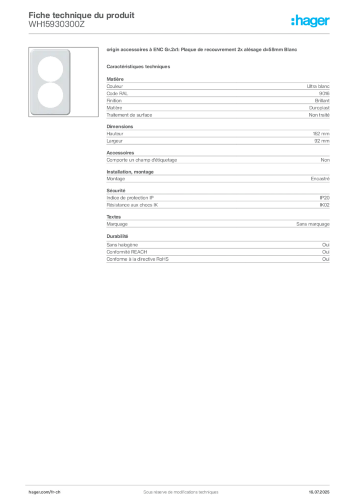 Image Hager Fiche technique du produit WH15930300Z | Hager Suisse