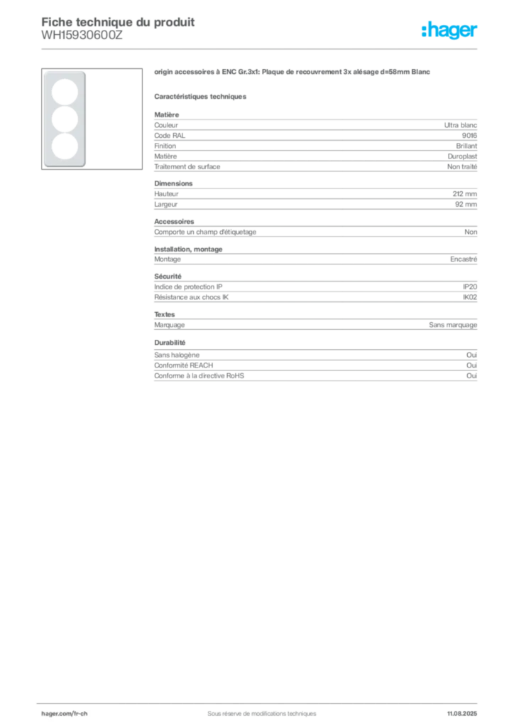 Image Hager Fiche technique du produit WH15930600Z | Hager Suisse