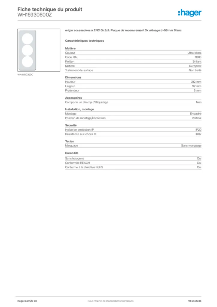 Image Hager Fiche technique du produit WH15930600Z | Hager Suisse