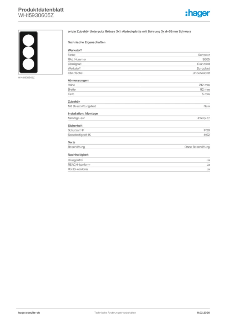 Bild Hager Produktdatenblatt WH15930605Z | Hager Schweiz