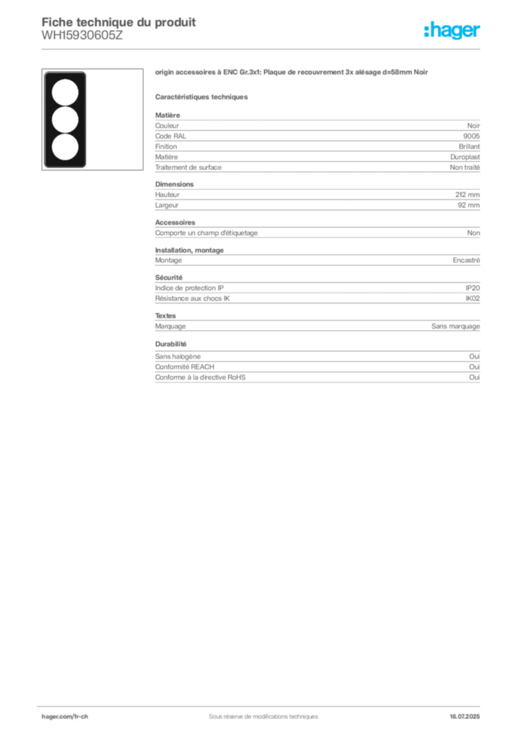 Image Hager Fiche technique du produit WH15930605Z | Hager Suisse