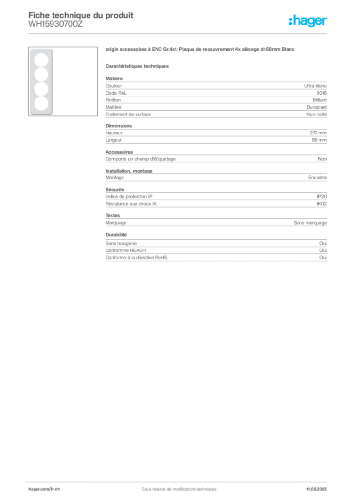 Image Hager Fiche technique du produit WH15930700Z | Hager Suisse