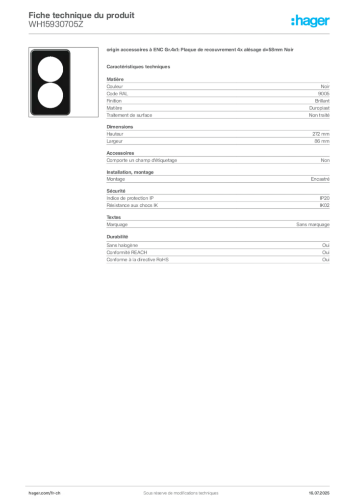 Image Hager Fiche technique du produit WH15930705Z | Hager Suisse