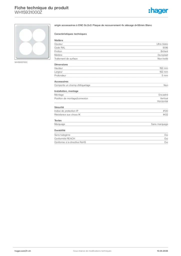 Image Hager Fiche technique du produit WH15931000Z | Hager Suisse