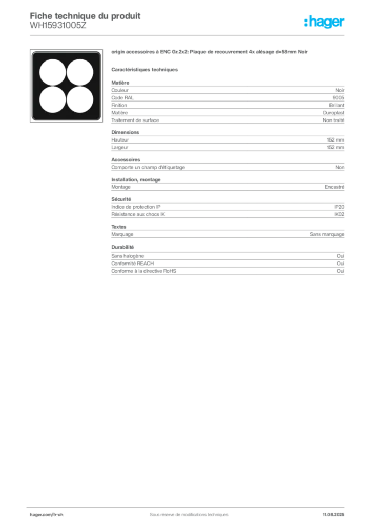 Image Hager Fiche technique du produit WH15931005Z | Hager Suisse