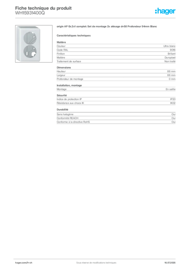 Image Hager Fiche technique du produit WH15931400Q | Hager Suisse
