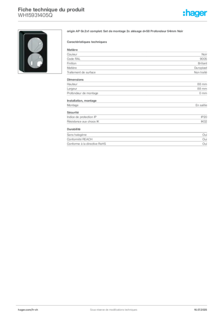 Image Hager Fiche technique du produit WH15931405Q | Hager Suisse