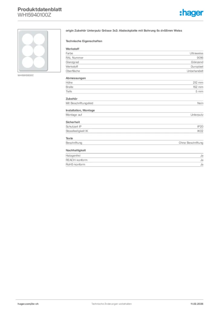 Bild Hager Produktdatenblatt WH15940100Z | Hager Schweiz