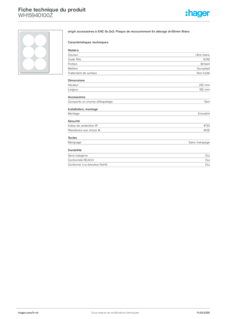 Image Hager Fiche technique du produit WH15940100Z | Hager Suisse