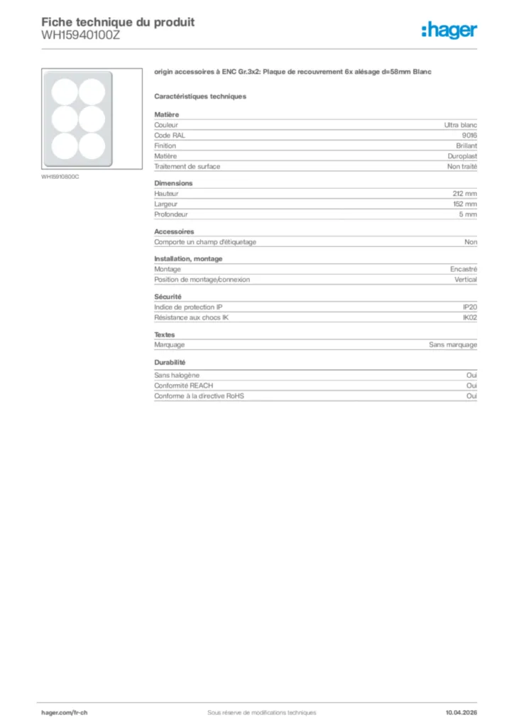 Image Hager Fiche technique du produit WH15940100Z | Hager Suisse
