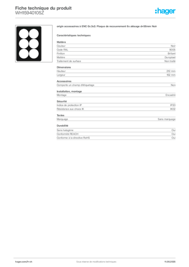 Image Hager Fiche technique du produit WH15940105Z | Hager Suisse