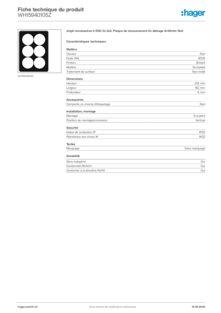 Image Hager Fiche technique du produit WH15940105Z | Hager Suisse