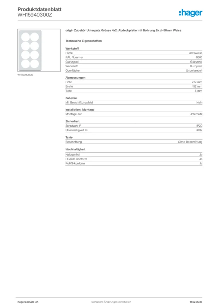 Bild Hager Produktdatenblatt WH15940300Z | Hager Schweiz