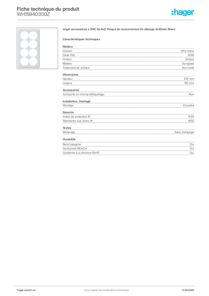 Image Hager Fiche technique du produit WH15940300Z | Hager Suisse