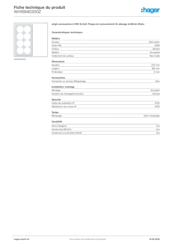 Image Hager Fiche technique du produit WH15940300Z | Hager Suisse