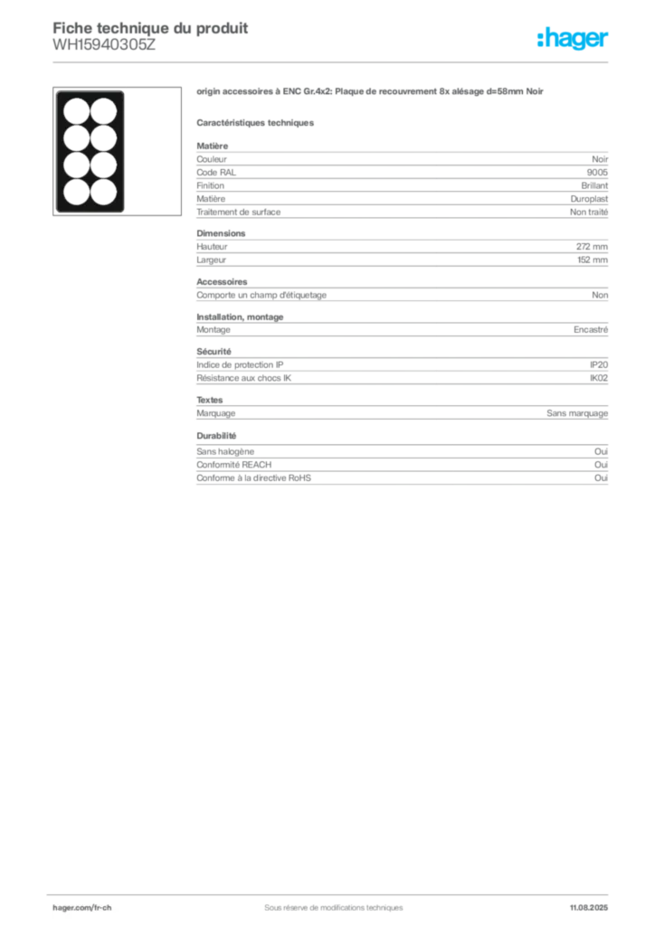 Image Hager Fiche technique du produit WH15940305Z | Hager Suisse