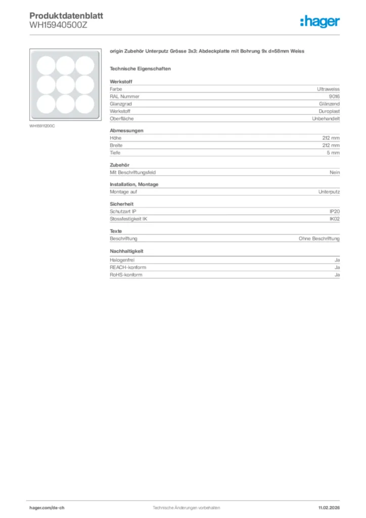 Bild Hager Produktdatenblatt WH15940500Z | Hager Schweiz
