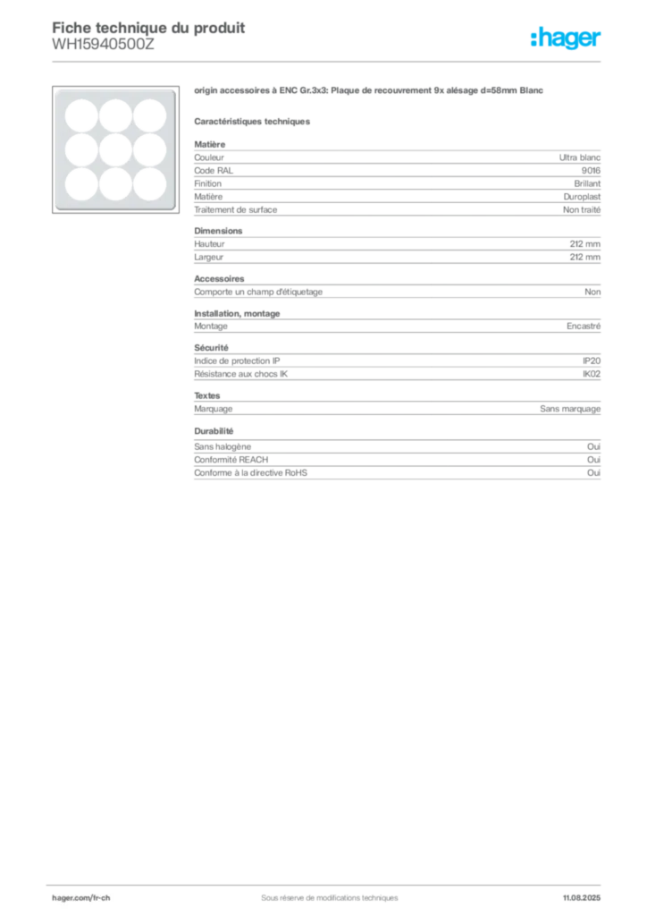 Image Hager Fiche technique du produit WH15940500Z | Hager Suisse