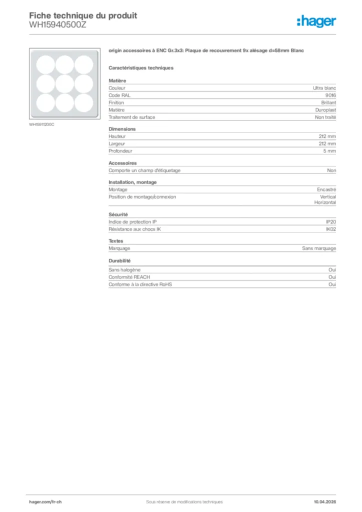 Image Hager Fiche technique du produit WH15940500Z | Hager Suisse