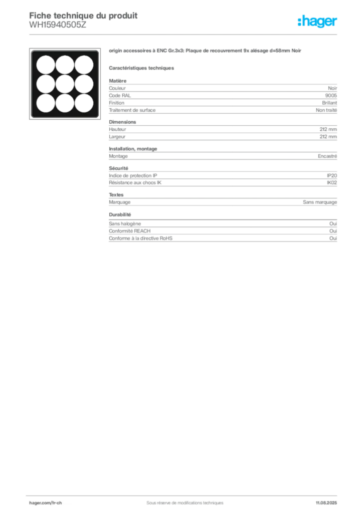 Image Hager Fiche technique du produit WH15940505Z | Hager Suisse