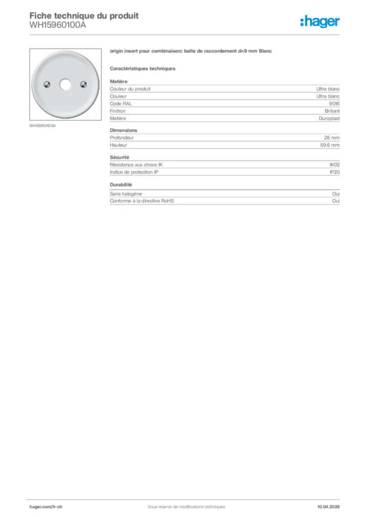Image Hager Fiche technique du produit WH15960100A | Hager Suisse