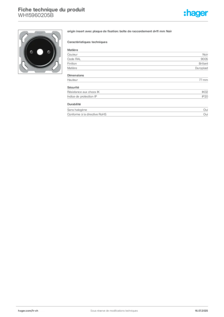 Image Hager Fiche technique du produit WH15960205B | Hager Suisse