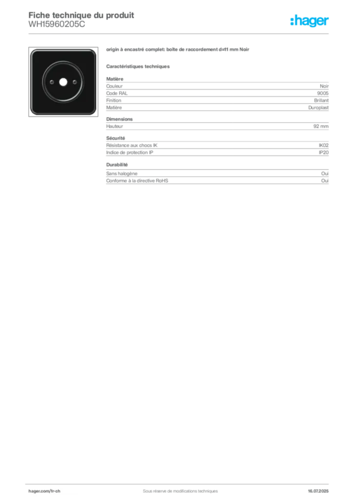 Image Hager Fiche technique du produit WH15960205C | Hager Suisse