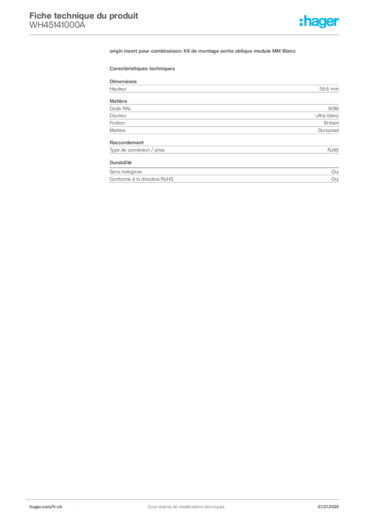 Image Hager Fiche technique du produit WH45141000A | Hager Suisse