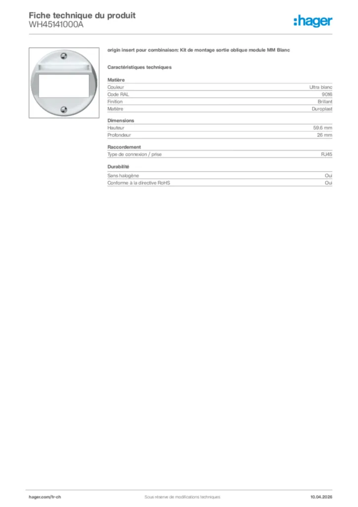 Image Hager Fiche technique du produit WH45141000A | Hager Suisse