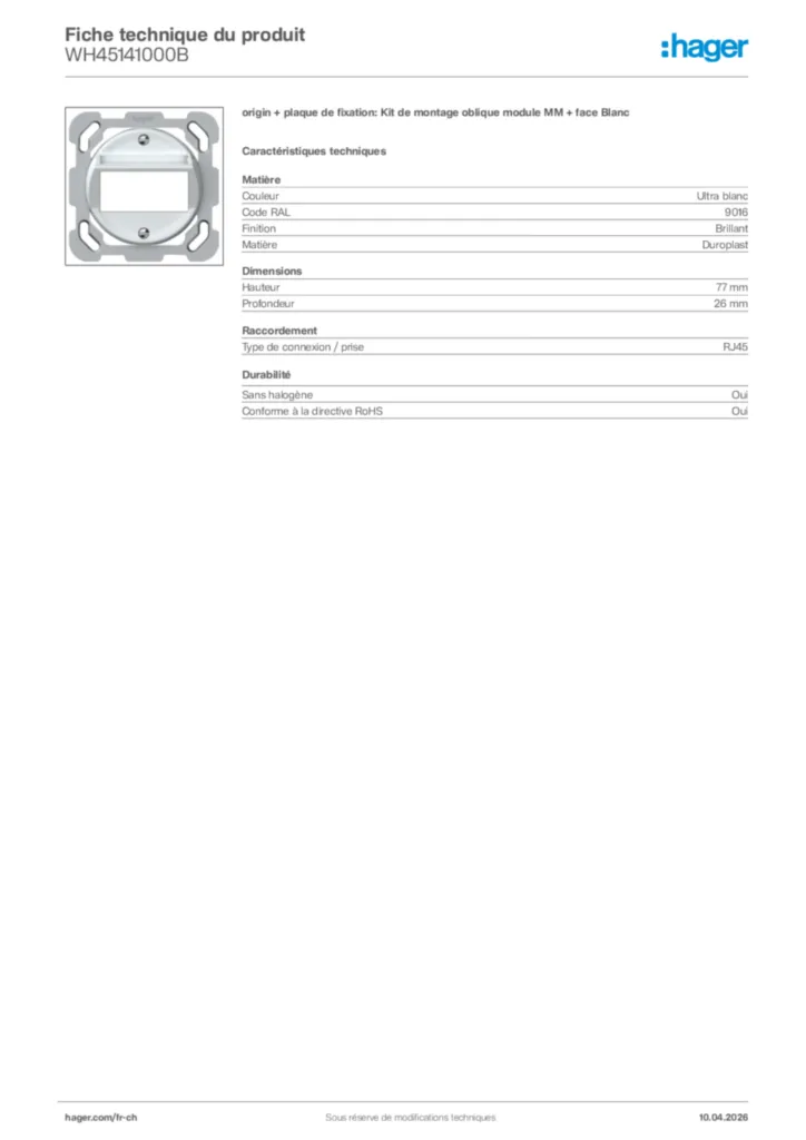 Image Hager Fiche technique du produit WH45141000B | Hager Suisse