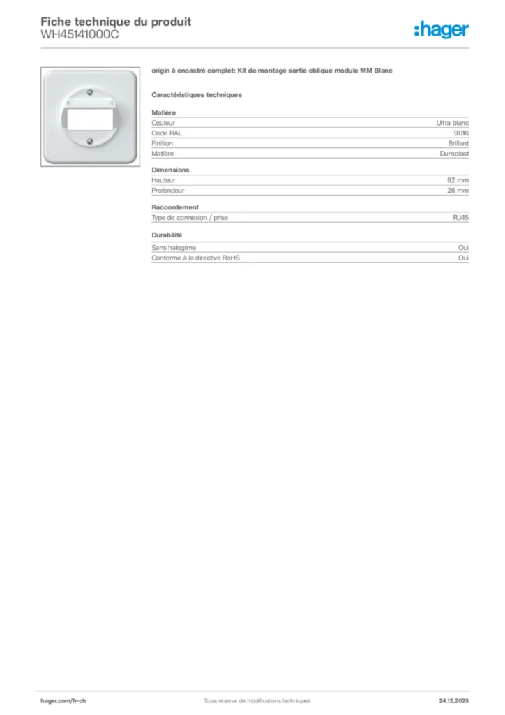 Image Hager Fiche technique du produit WH45141000C | Hager Suisse