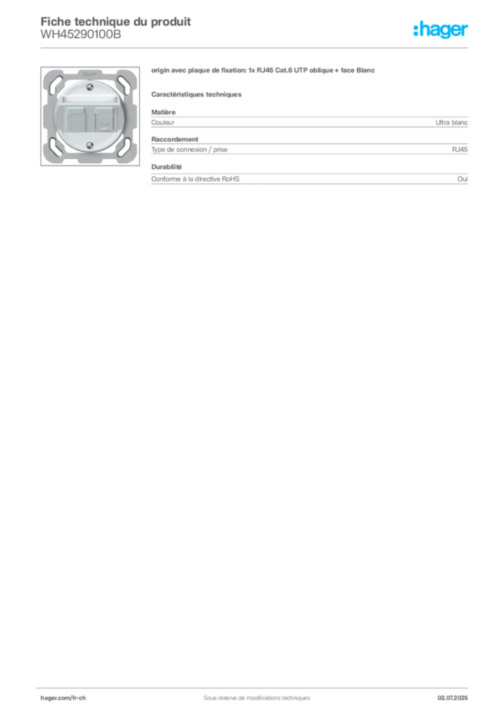 Image Hager Fiche technique du produit WH45290100B | Hager Suisse