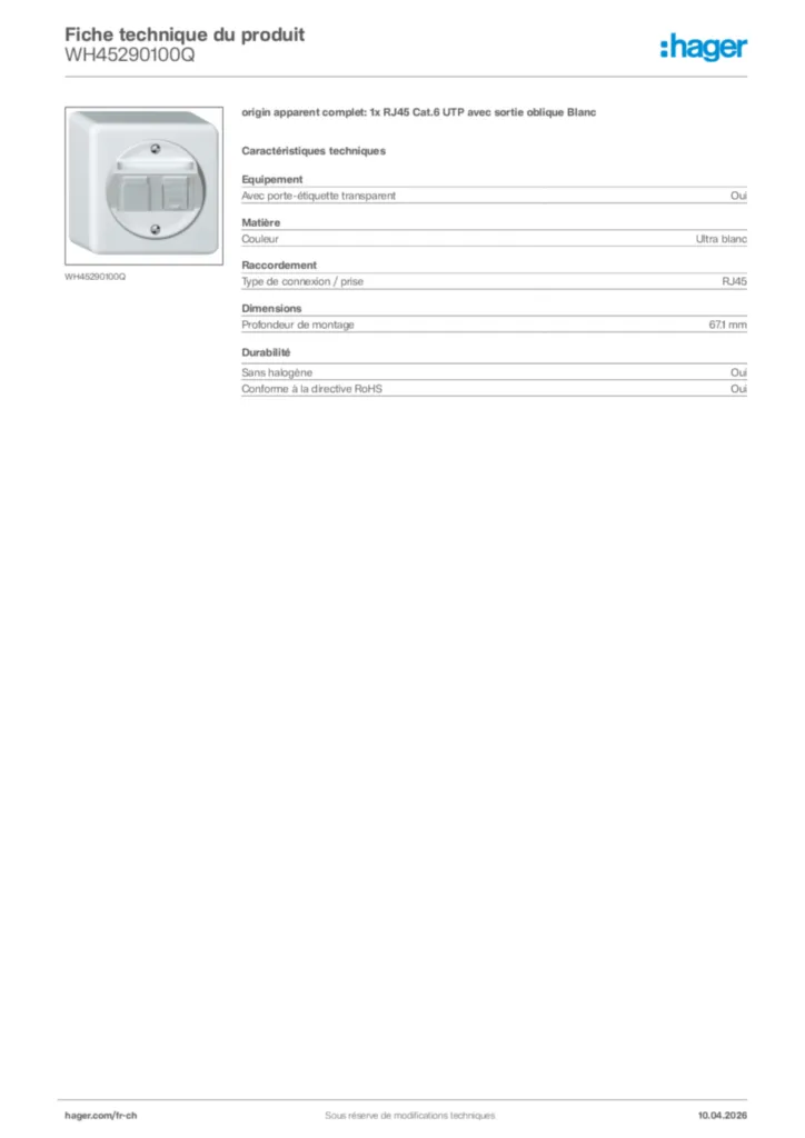 Image Hager Fiche technique du produit WH45290100Q | Hager Suisse