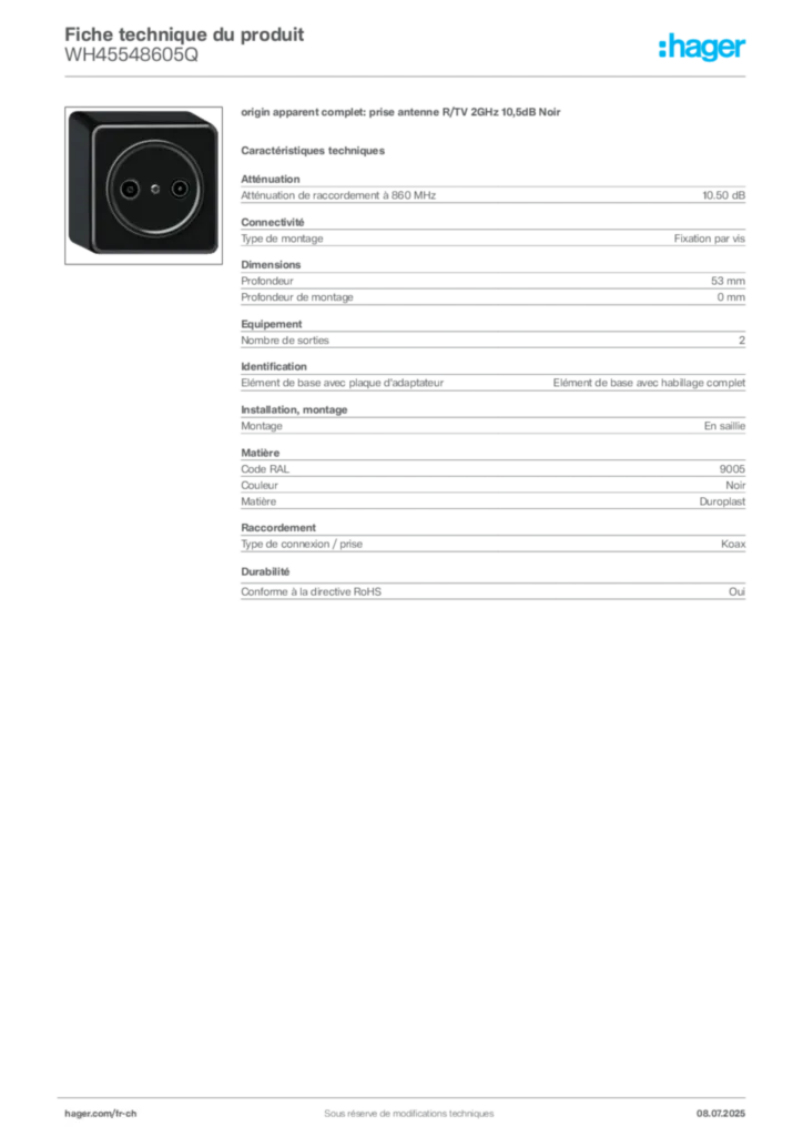 Image Hager Fiche technique du produit WH45548605Q | Hager Suisse