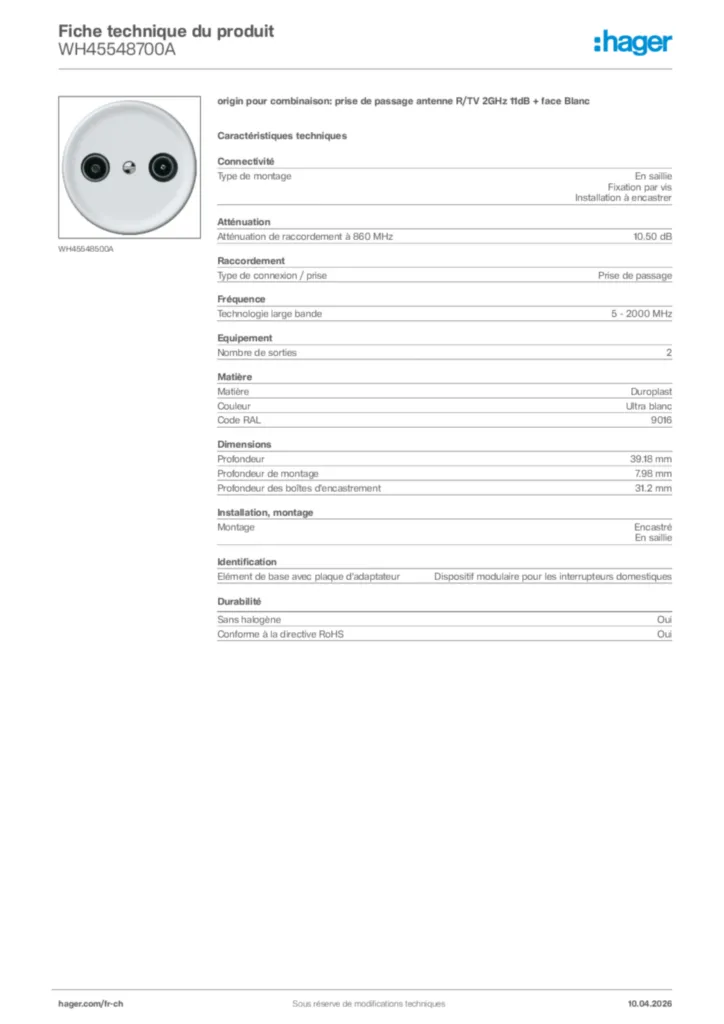 Image Hager Fiche technique du produit WH45548700A | Hager Suisse