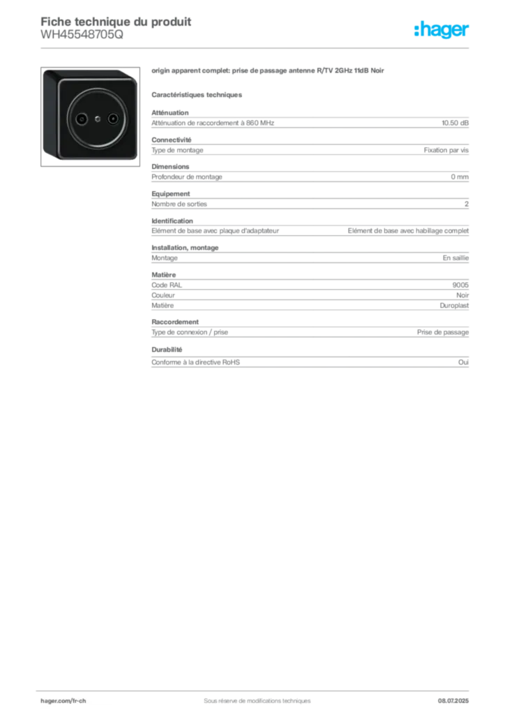 Image Hager Fiche technique du produit WH45548705Q | Hager Suisse