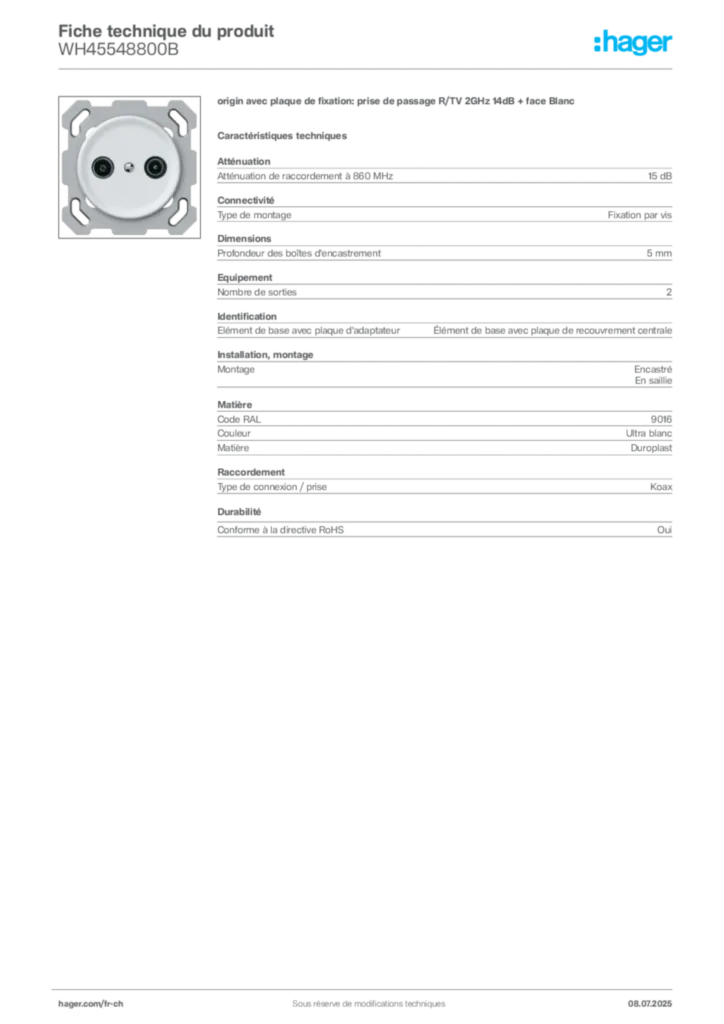 Image Hager Fiche technique du produit WH45548800B | Hager Suisse