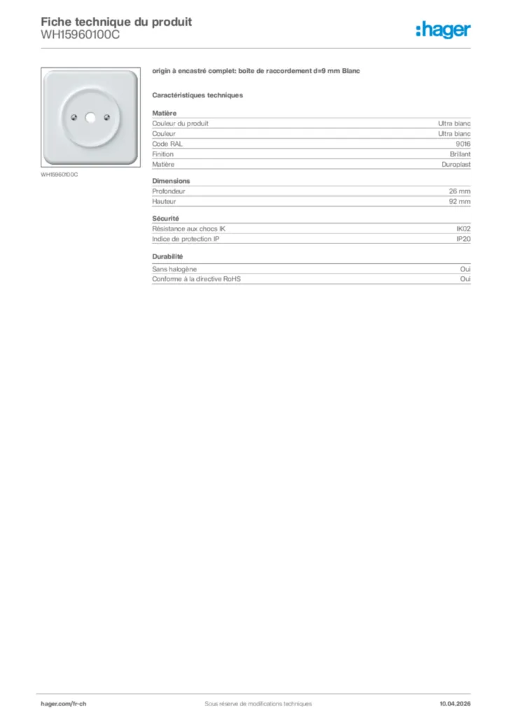 Image Hager Fiche technique du produit WH15960100C | Hager Suisse