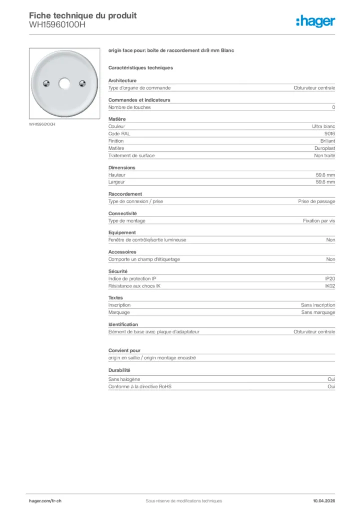 Image Hager Fiche technique du produit WH15960100H | Hager Suisse