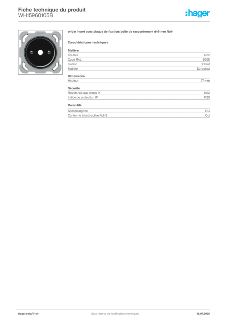 Image Hager Fiche technique du produit WH15960105B | Hager Suisse