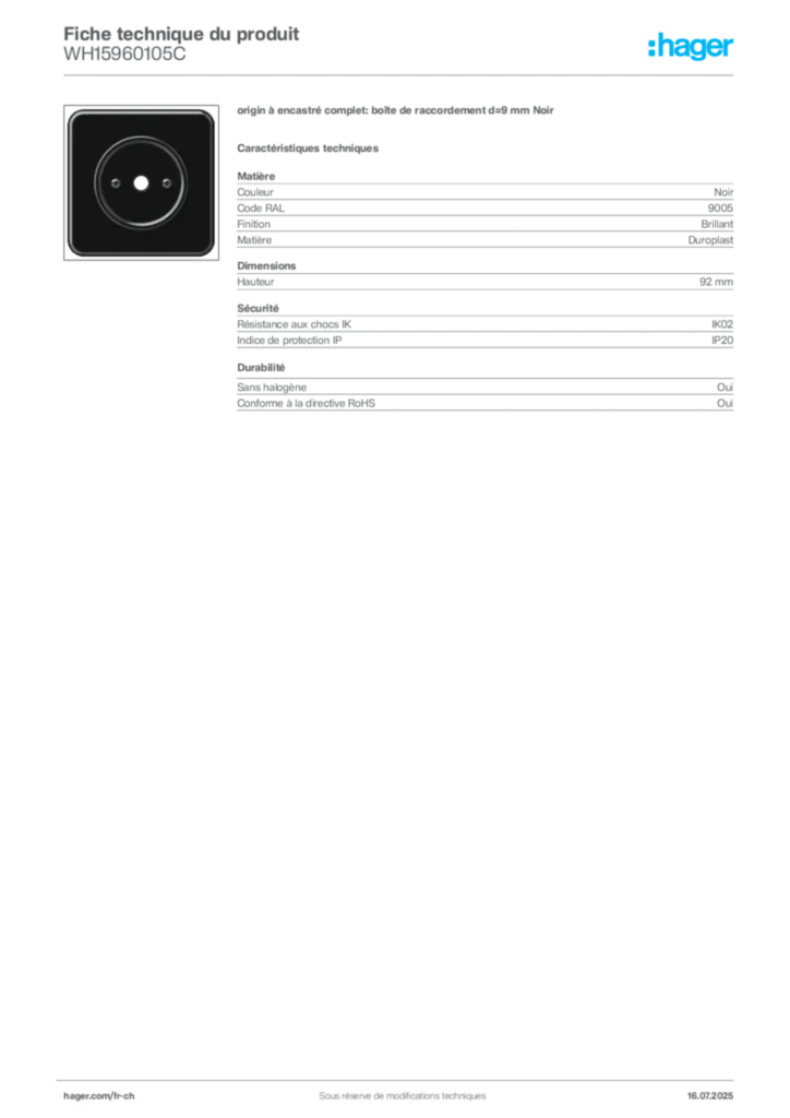 Image Hager Fiche technique du produit WH15960105C | Hager Suisse