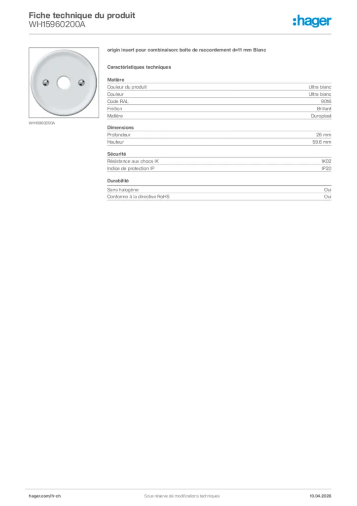 Image Hager Fiche technique du produit WH15960200A | Hager Suisse