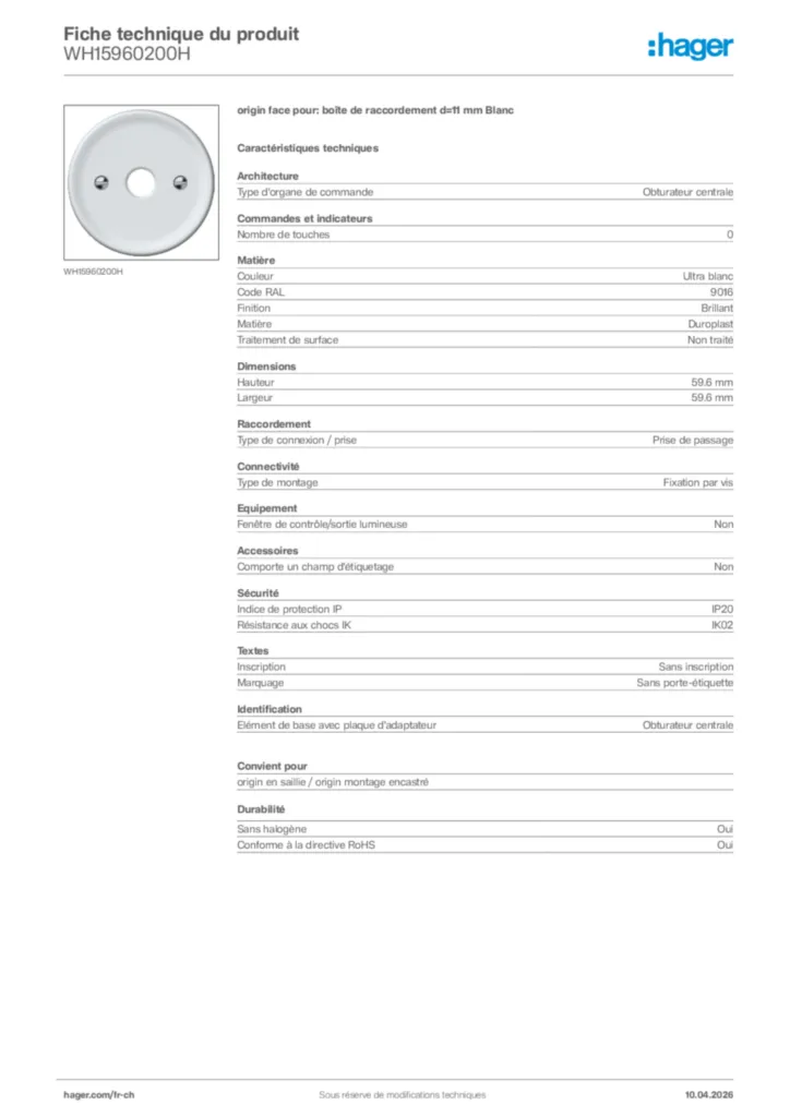 Image Hager Fiche technique du produit WH15960200H | Hager Suisse