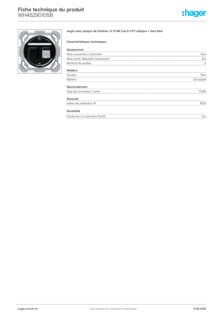 Image Hager Fiche technique du produit WH45290105B | Hager Suisse