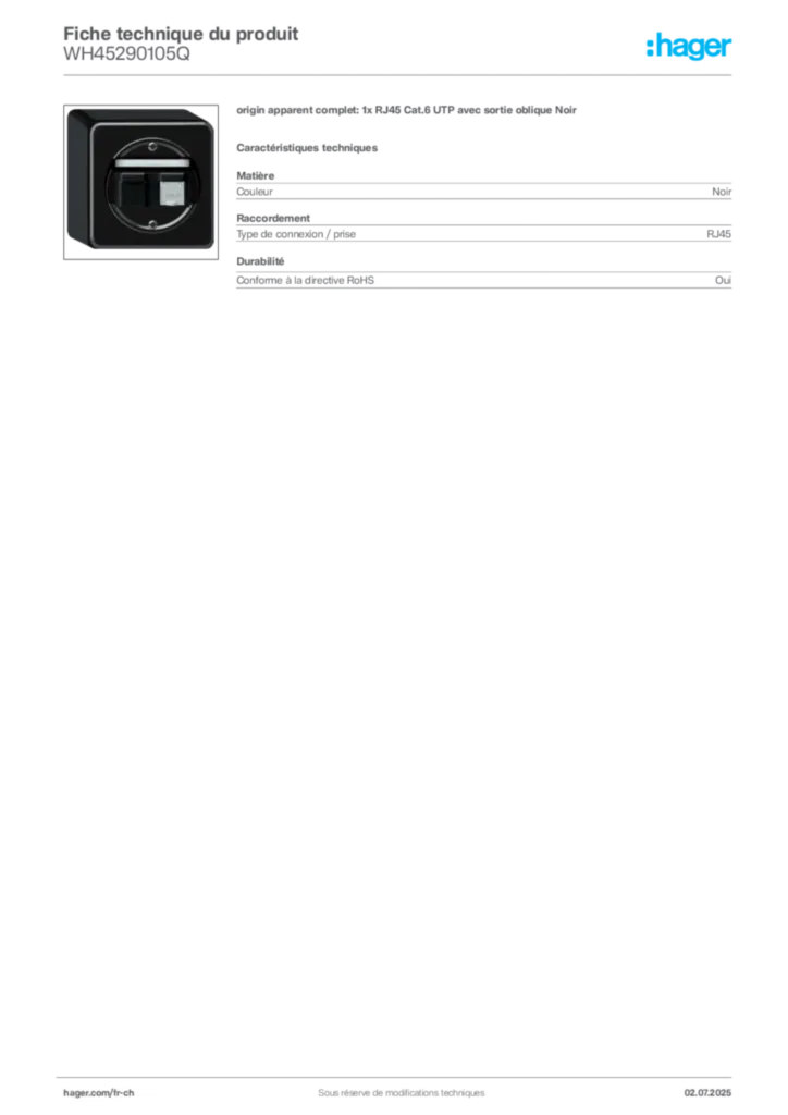 Image Hager Fiche technique du produit WH45290105Q | Hager Suisse