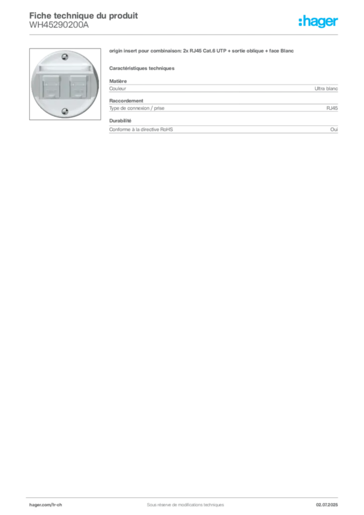 Image Hager Fiche technique du produit WH45290200A | Hager Suisse