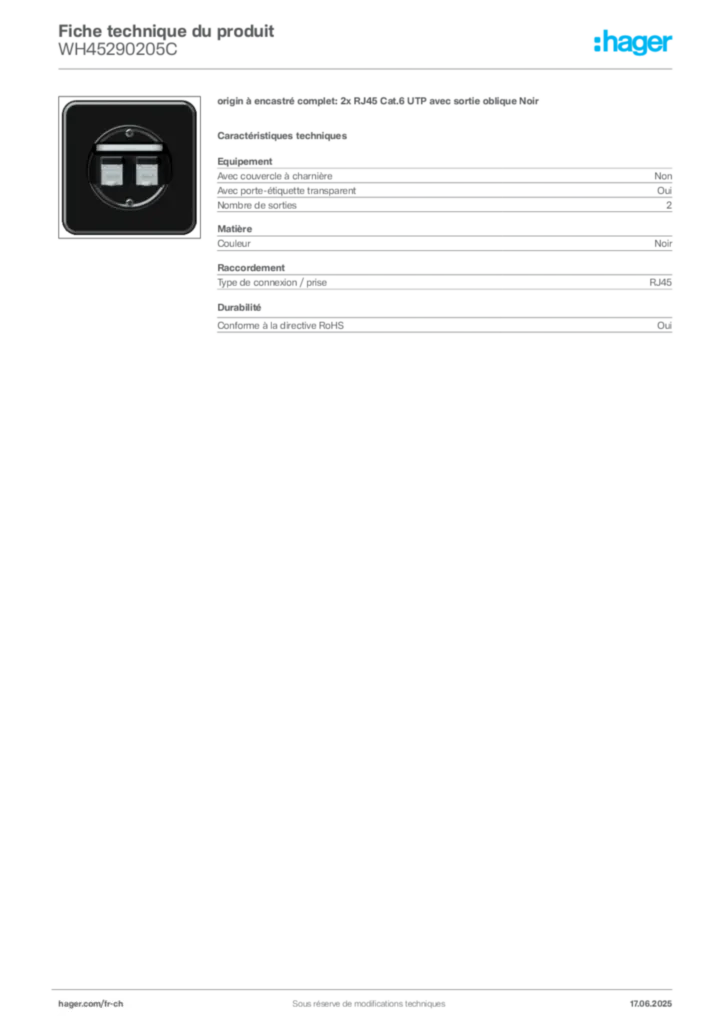 Image Hager Fiche technique du produit WH45290205C | Hager Suisse
