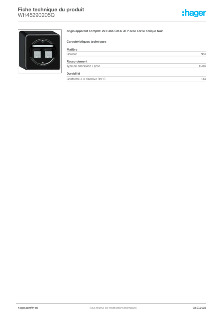 Image Hager Fiche technique du produit WH45290205Q | Hager Suisse