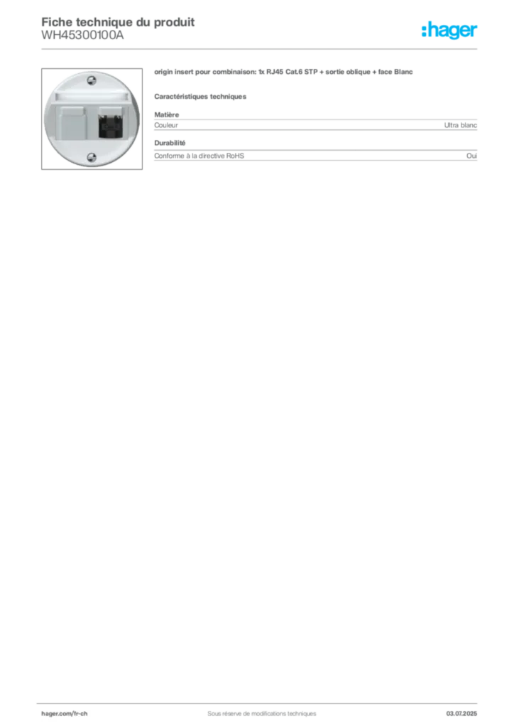 Image Hager Fiche technique du produit WH45300100A | Hager Suisse