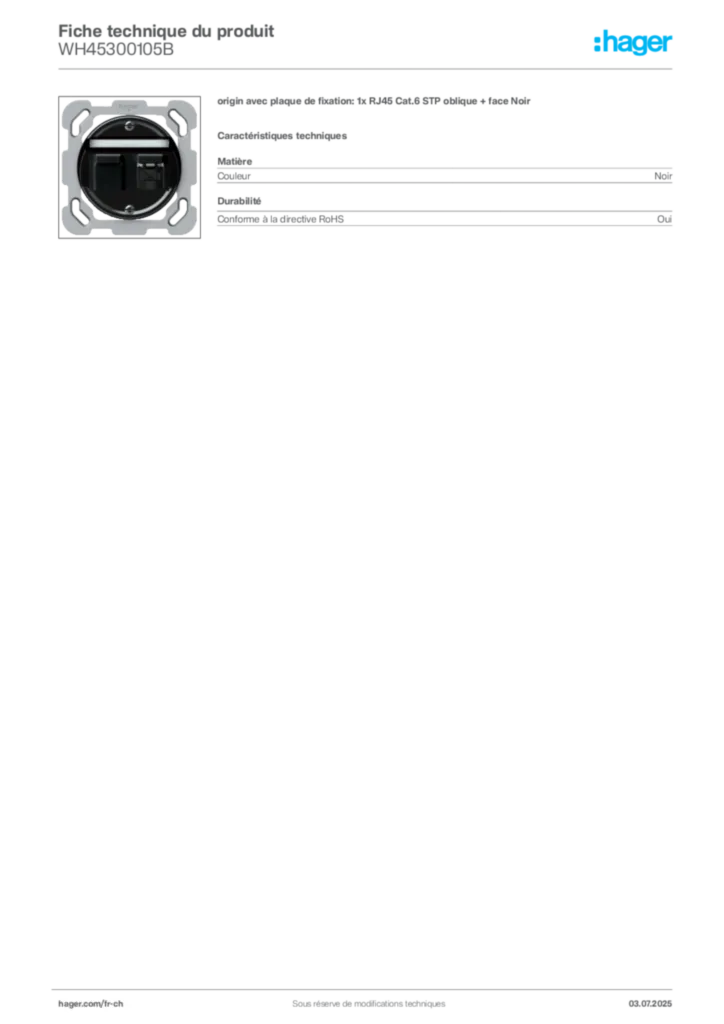 Image Hager Fiche technique du produit WH45300105B | Hager Suisse